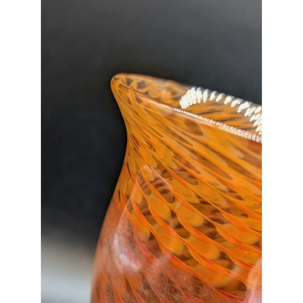 Artisan Hand Blown Amber Orange Swirl Art Glass Trumpet Vase Iridescent Signed